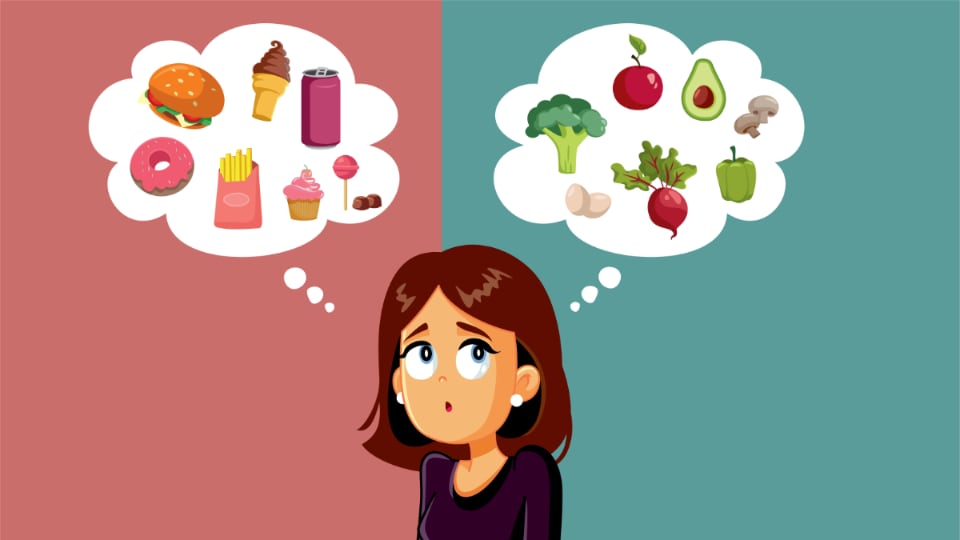 cartoon illustration of a woman grappling with getting convenient, unhealthy fast-food or choosing healthier, whole foods