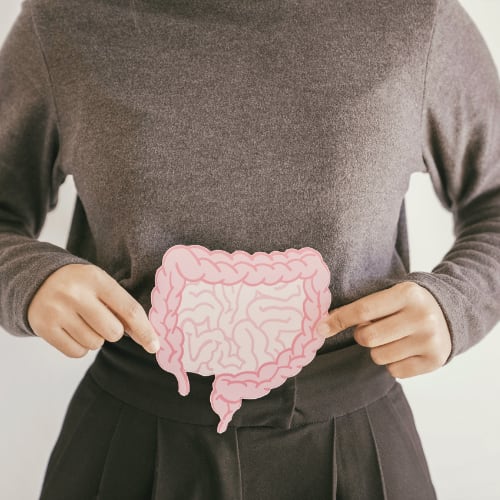 a woman holding an illustration depicting gut health