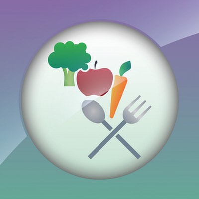 illustration of broccoli, apple, carrot with spoon and fork utensils